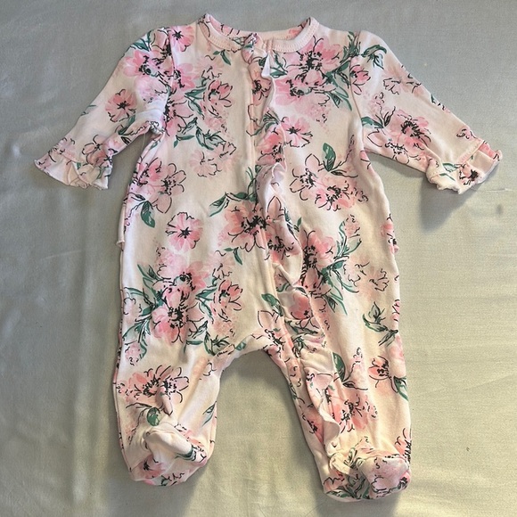 Little Me - NWOT - Dream Floral Pink and Green Footie One Piece Sleeper - Picture 2 of 5